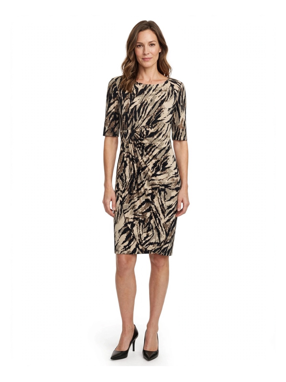 connected apparel Beige and Black Twist-Waist Printed Tunic Dress